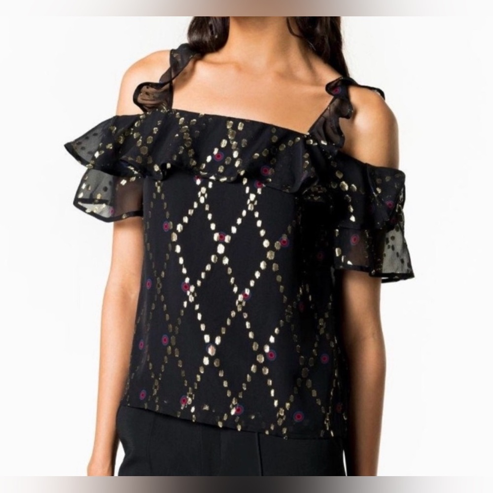 A.L.C. Willow Cold Shoulder Black Silk Metallic Top Size 2, very good condition